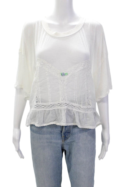 Free People Womens Short Sleeve Lace Trim Scoop Neck Top White Size Large