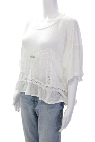 Free People Womens Short Sleeve Lace Trim Scoop Neck Top White Size Large