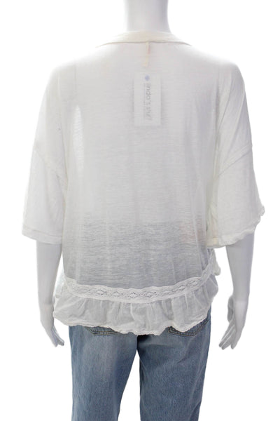 Free People Womens Short Sleeve Lace Trim Scoop Neck Top White Size Large