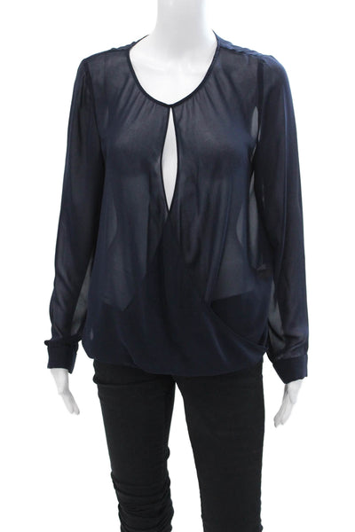 AYR Womens Crew Neck Long Sleeve Wrap Blouse Top Navy Blue Size Small