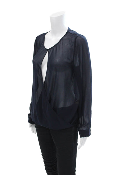 AYR Womens Crew Neck Long Sleeve Wrap Blouse Top Navy Blue Size Small