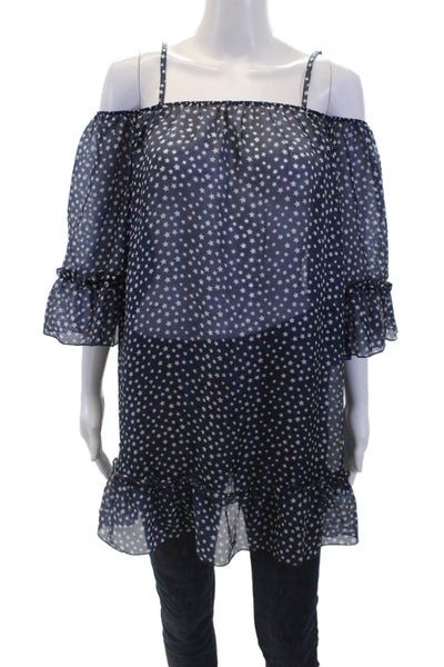 Pop Saint Barth Womens Silk Star Print Short Sleeve Blouse Top Navy Size M