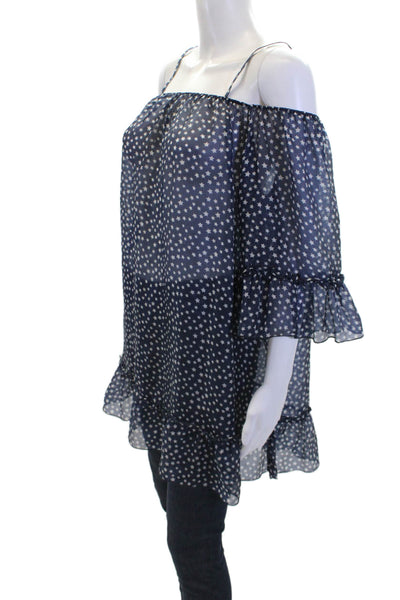 Pop Saint Barth Womens Silk Star Print Short Sleeve Blouse Top Navy Size M