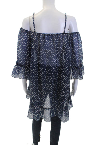 Pop Saint Barth Womens Silk Star Print Short Sleeve Blouse Top Navy Size M