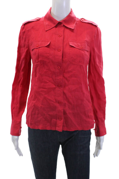 Tory Burch Womens Linen Long Sleeves Button Down Shirt Candy Red Size 4