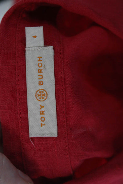 Tory Burch Womens Linen Long Sleeves Button Down Shirt Candy Red Size 4