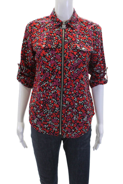 Michael Michael Kors Womens Floral Print Full Zipper Blouse Black Red Size Small