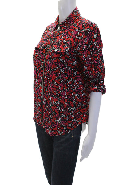 Michael Michael Kors Womens Floral Print Full Zipper Blouse Black Red Size Small