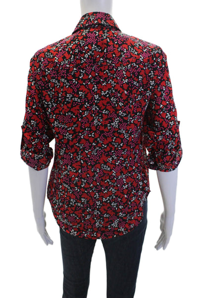 Michael Michael Kors Womens Floral Print Full Zipper Blouse Black Red Size Small