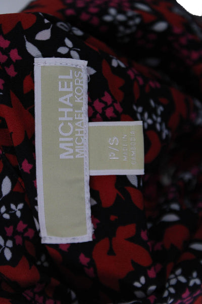 Michael Michael Kors Womens Floral Print Full Zipper Blouse Black Red Size Small