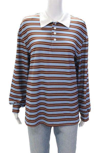 Serenette Mens 3/4 Sleeve Collared Striped POlo Shirt Blue Brown Size Small