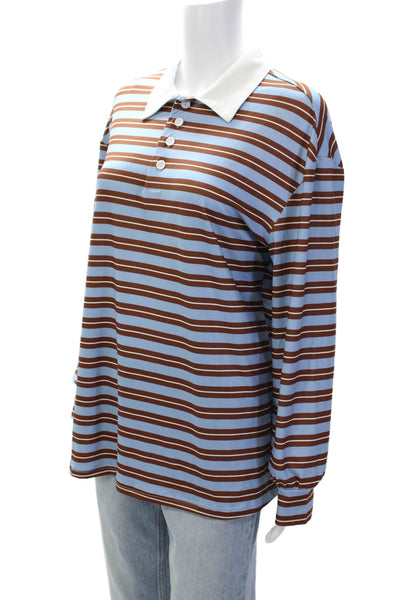 Serenette Mens 3/4 Sleeve Collared Striped POlo Shirt Blue Brown Size Small