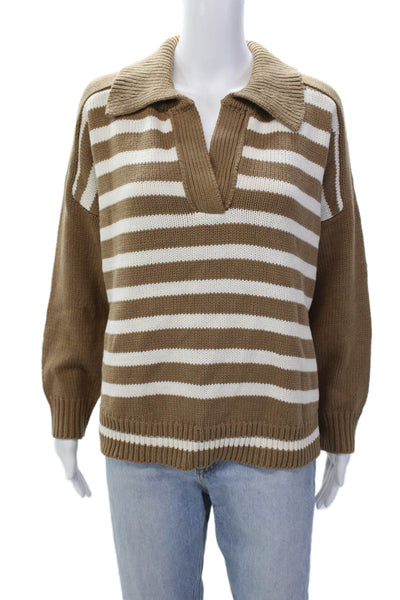 Lala Mia Womens Long Sleeve Collared V Neck Striped Sweater Brown White Small
