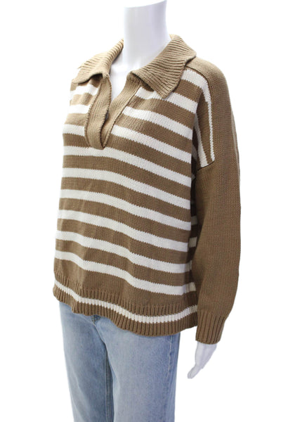 Lala Mia Womens Long Sleeve Collared V Neck Striped Sweater Brown White Small