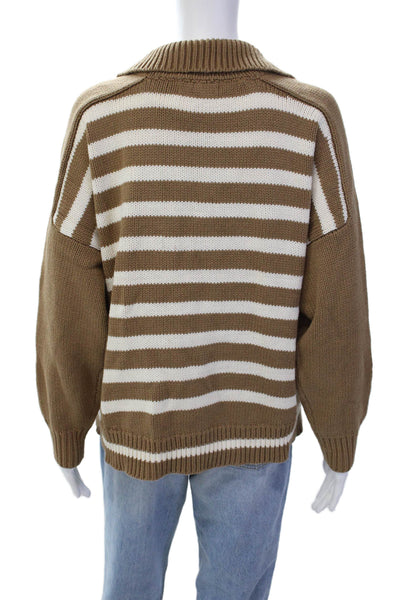 Lala Mia Womens Long Sleeve Collared V Neck Striped Sweater Brown White Small