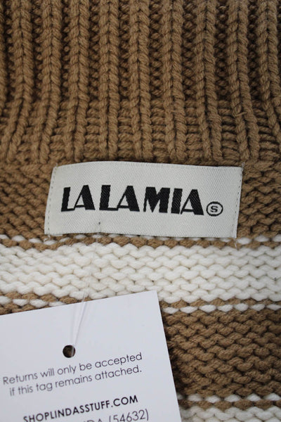 Lala Mia Womens Long Sleeve Collared V Neck Striped Sweater Brown White Small