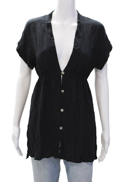 Vix Paula Hermanny Womens V-Neck Short Sleeve Button Up Blouse Top Black Size XS