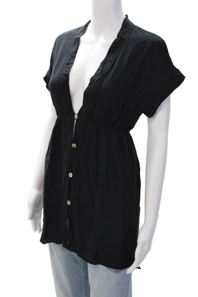 Vix Paula Hermanny Womens V-Neck Short Sleeve Button Up Blouse Top Black Size XS