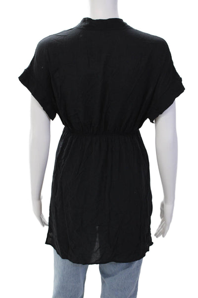 Vix Paula Hermanny Womens V-Neck Short Sleeve Button Up Blouse Top Black Size XS