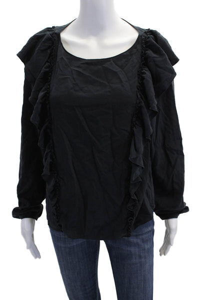 Frye Womens Long Sleeve Ruffled Round Neck Blouse Top Solid Blue Size 4