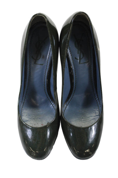 YSL Womens Patent Leather Slide On Classic Pumps Dark Green Size 37 7