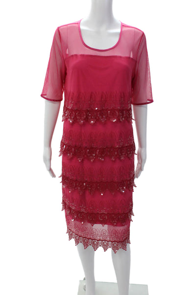 American Glamour by Badgley Mischka Womens Sequins Shift Dress Hot Pink Size L