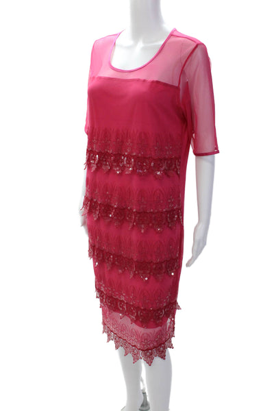 American Glamour by Badgley Mischka Womens Sequins Shift Dress Hot Pink Size L