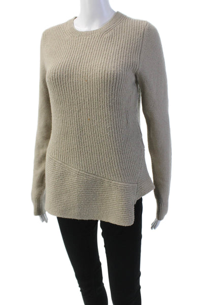 Lilla P Womens Crew Neck Textured Asymmetric Long Sleeve Sweater Top Brown Sz P