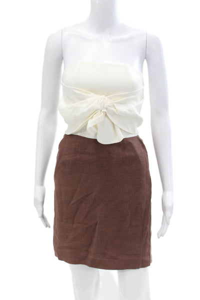 Labeca Womens Back Zip Strapless Mini Sheath Dress White Brown Linen Size XS