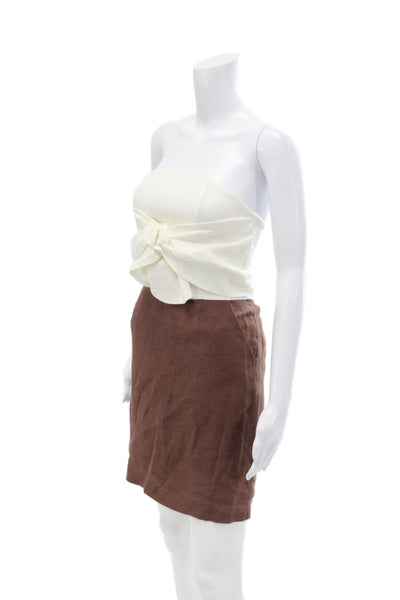 Labeca Womens Back Zip Strapless Mini Sheath Dress White Brown Linen Size XS