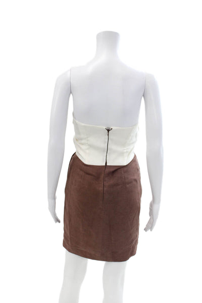 Labeca Womens Back Zip Strapless Mini Sheath Dress White Brown Linen Size XS