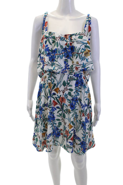 Parker Womens Floral Print Square Neck Zip Up Sleeveless Mini Dress White Size L