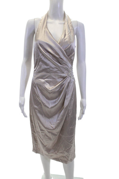 London Times Womens Pleated Beaded Zip Up Sleeveless Halter Dress Gray Size 8