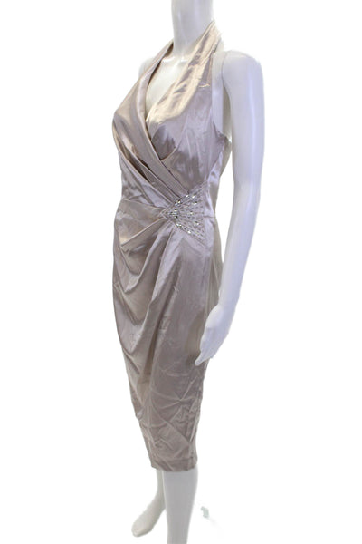 London Times Womens Pleated Beaded Zip Up Sleeveless Halter Dress Gray Size 8