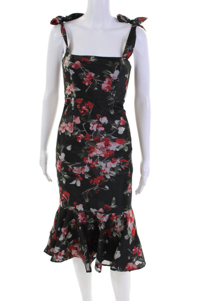 LPA Womens Floral Sleeveless Zippered Tied Mermaid Midi Dress Black Size 2XS