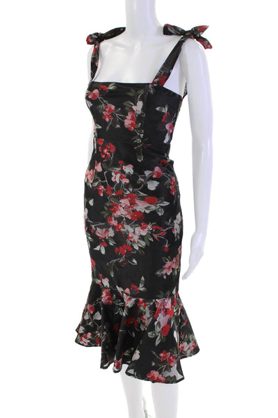 LPA Womens Floral Sleeveless Zippered Tied Mermaid Midi Dress Black Size 2XS