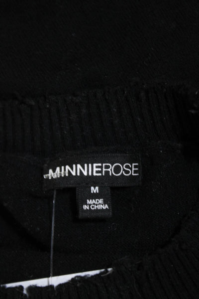 Minnie Rose Womens Cotton Distress Crew Neck Pullover Sweater Top Black Size M
