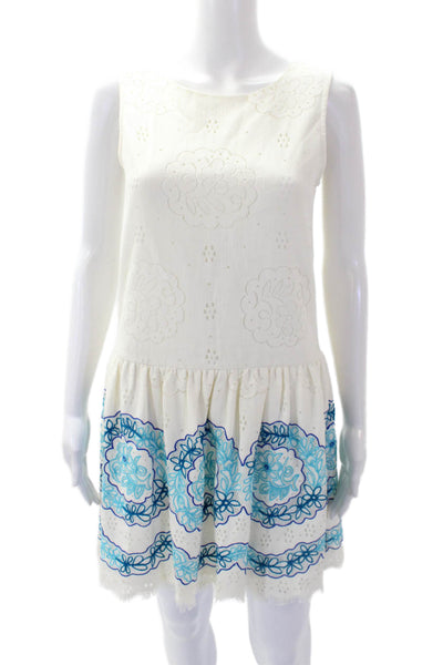 1st Sight Womens Zip Up Scoop Neck Lace Overlay Floral Trim Dress White Blue XS