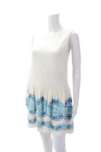 1st Sight Womens Zip Up Scoop Neck Lace Overlay Floral Trim Dress White Blue XS