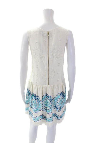 1st Sight Womens Zip Up Scoop Neck Lace Overlay Floral Trim Dress White Blue XS