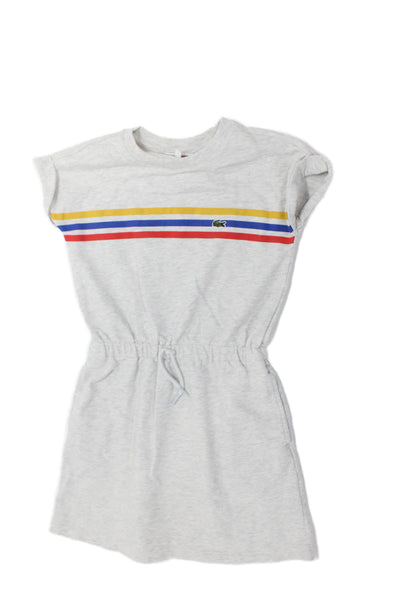 Lacoste Girls Short Sleeve Crew Neck Striped Logo Sweat Dress Gray Cotton Size 8