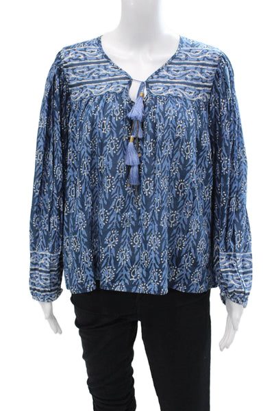 Bell Womens Abstract Print Long Sleeves Ariana Blouse Blue Cotton Size Large