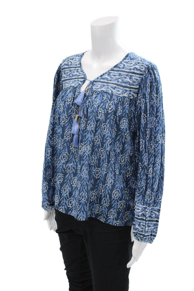 Bell Womens Abstract Print Long Sleeves Ariana Blouse Blue Cotton Size Large