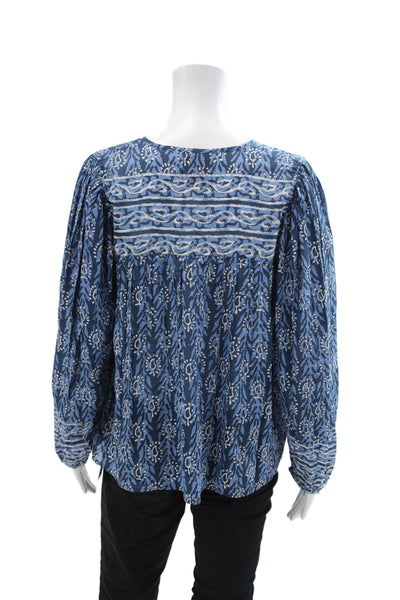 Bell Womens Abstract Print Long Sleeves Ariana Blouse Blue Cotton Size Large