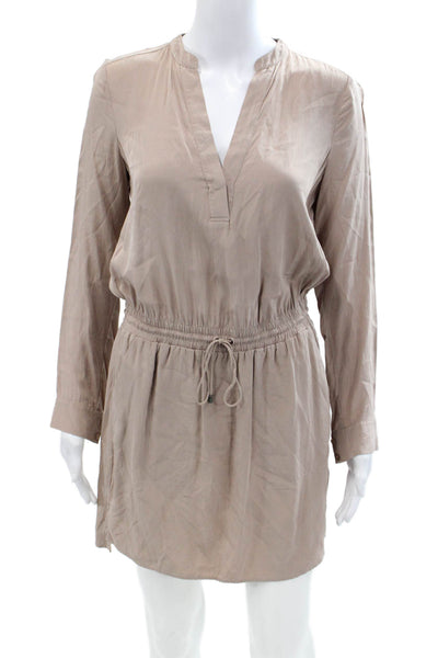 Vince Womens V-Neck Long Sleeves Slit Hem Drop Waist Mini Dress Tan Size 2