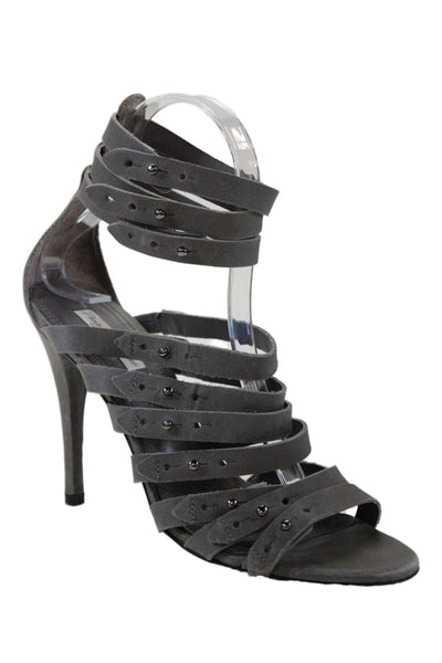 Pour la Victoire Womens Open Toe Strappy Silver Tone Hardware High Heels Gray Si