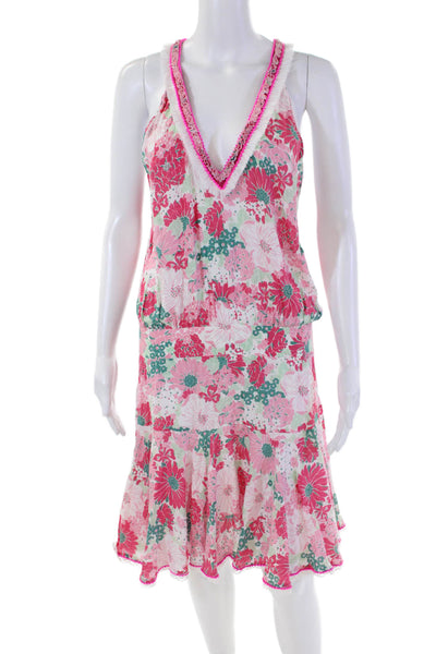 Poupette St. Barth Womens Floral Fringe V-neck Agathe Mini Dress Pink Size L