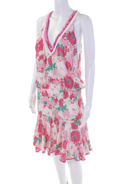 Poupette St. Barth Womens Floral Fringe V-neck Agathe Mini Dress Pink Size L
