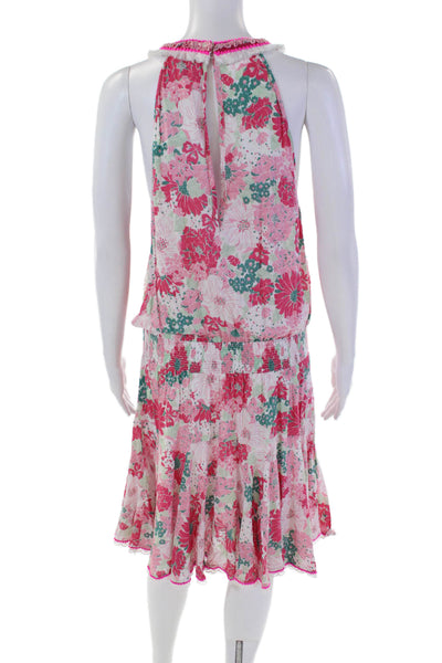 Poupette St. Barth Womens Floral Fringe V-neck Agathe Mini Dress Pink Size L