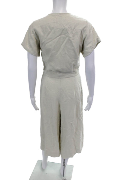 Jeuneotte Women's Round Neck Short Sleeves Wide Leg Romper Beige Size S